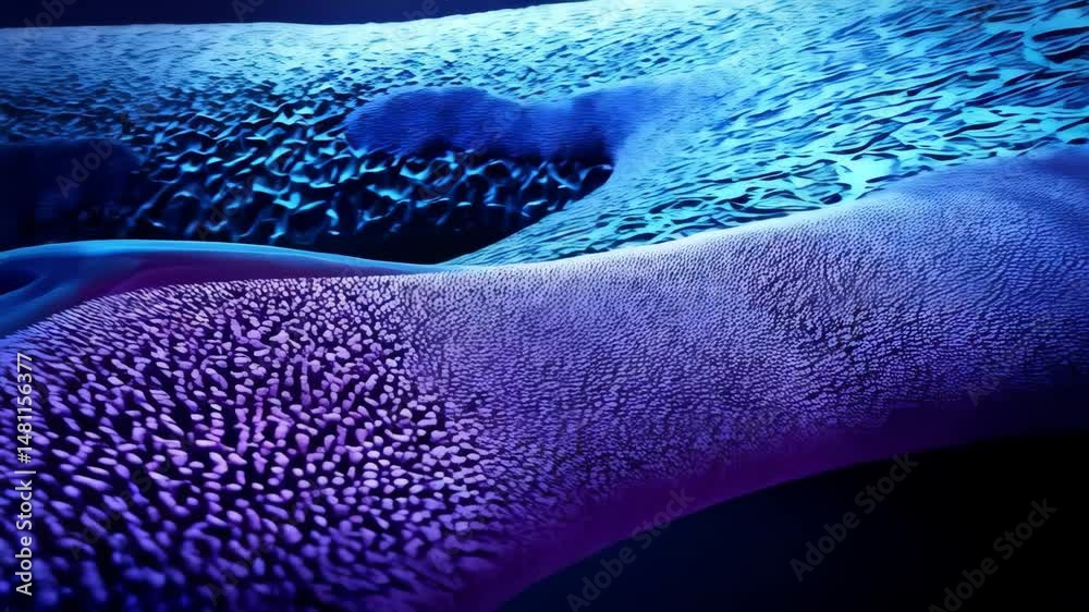 Abstract undulating surface with clustered elements, flowing fluid texture and a dark abyss in cool blue and purple tones