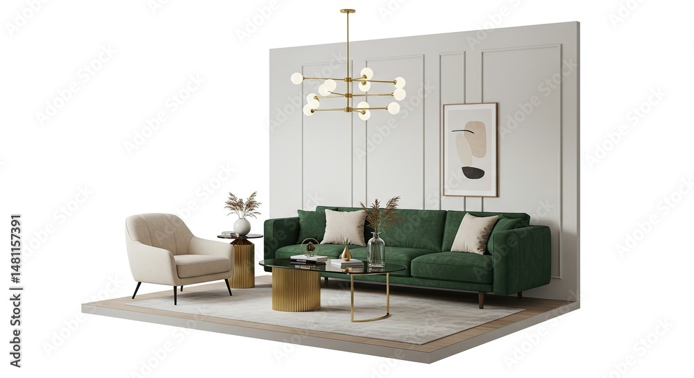 Fototapeta premium Green Velvet Sofa Living Room Interior Design with Gold Decor