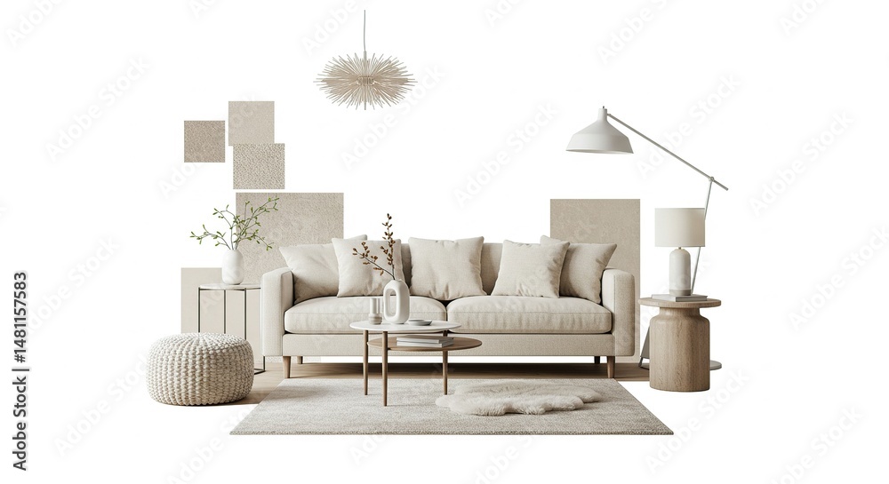 Fototapeta premium Neutral Living Room Interior Design with Beige Sofa and Wooden Furniture