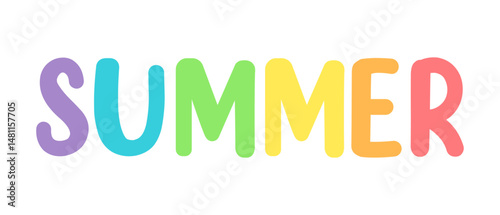 Colorful "SUMMER" word art in rainbow tones. Bold and cheerful typography perfect for vacation graphics, t-shirt prints, banners, and summer-themed designs.

