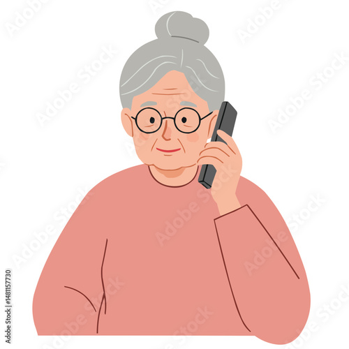 Elderly woman on phone - experienced senior lady engaged in phone conversation, her face lit by warm smile in morning light.