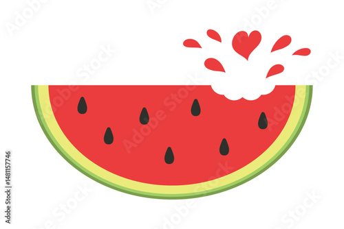 Cute watermelon slice with splash in heart shape. Fun summer fruit illustration, perfect for food designs, cards, prints, and healthy lifestyle graphics.

