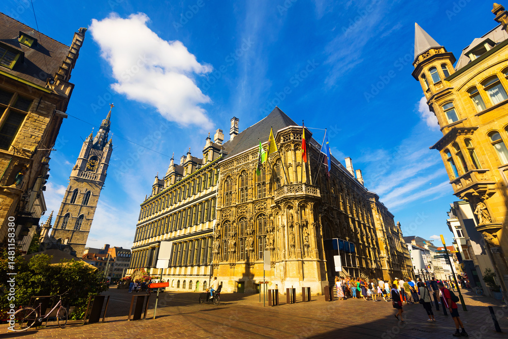 Low angle view of city hall of Ghent during summer day.