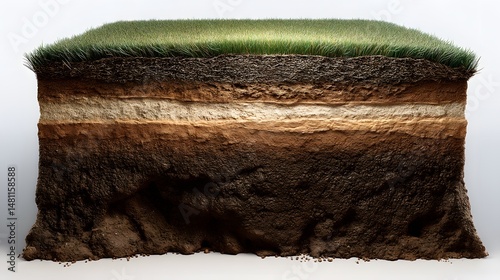 A detailed cross-sectional view of soil layers showcasing the vibrant green grass on top and various strata beneath illustrating geological composition