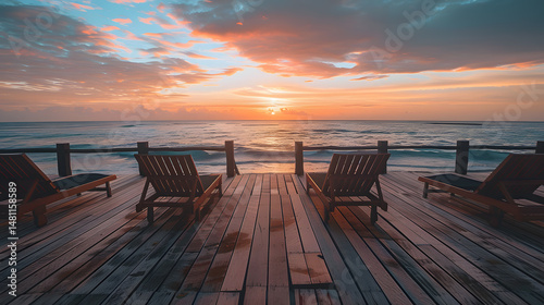 wooden deck, ocean view, empty sun loungers, sunrise, calm mood