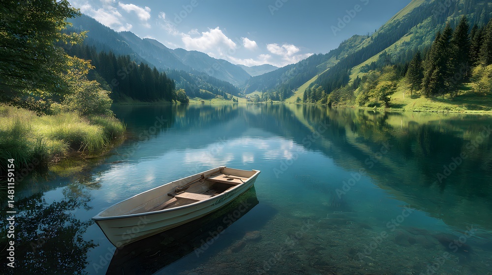 Obraz premium A serene wooden boat gently floating on crystal-clear waters surrounded by lush green mountains and dense forests under a bright blue sky