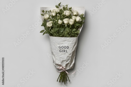 A beautifully arranged bouquet of white roses wrapped in paper with the words GOOD GIRL printed on it set against a minimalist background