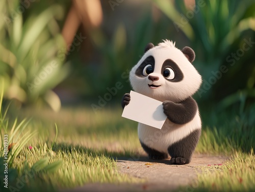 Adorable Panda Cub Holding a Sign in a Lush Forest Setting photo