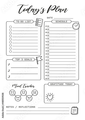 Today plan Summer Journal Printable Planner Page Template, Vector Illustration, A4 and A5 Sizes, Hand Drawn Doodle Style. Planner pages bullet journal A5 A4 format