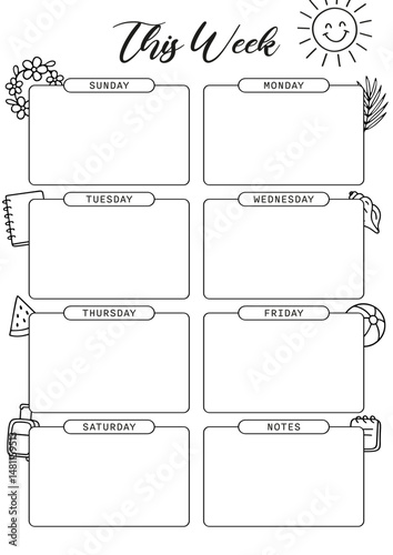This week Summer Journal Printable Planner Page Template, Vector Illustration, A4 and A5 Sizes, Hand Drawn Doodle Style. Planner pages bullet journal A5 A4 format