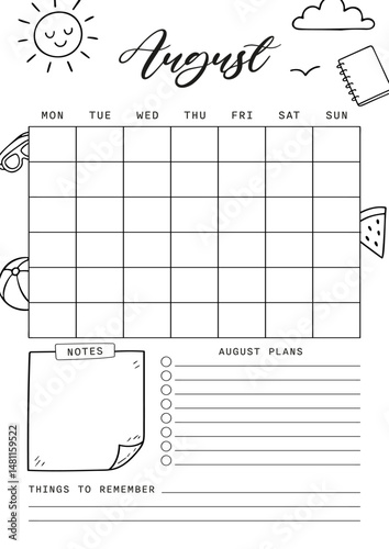 August calendar Summer Journal Printable Planner Page Template, Vector Illustration, A4 and A5 Sizes, Hand Drawn Doodle Style. Planner pages bullet journal A5 A4 format