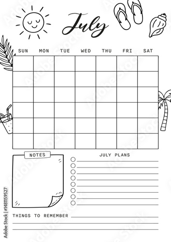 July calendar Summer Journal Printable Planner Page Template, Vector Illustration, A4 and A5 Sizes, Hand Drawn Doodle Style. Planner pages bullet journal A5 A4 format