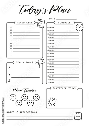 Today plan Summer Journal Printable Planner Page Template, Vector Illustration, A4 and A5 Sizes, Hand Drawn Doodle Style. Planner pages bullet journal A5 A4 format