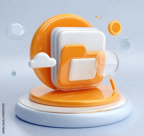 A vibrant 3D illustration featuring a stack of folders with an orange magnifying glass and bubbles on a sleek pedestal against a minimalist background