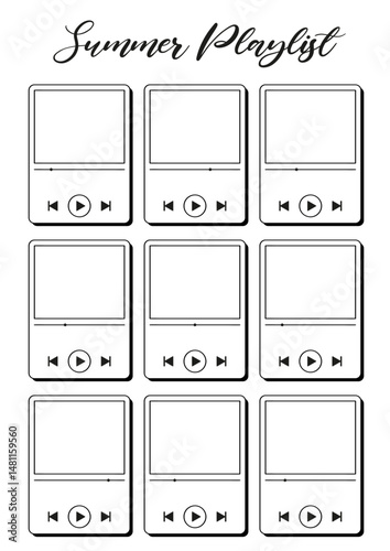 Summer playlist Journal Printable Planner Page Template, Vector Illustration, A4 and A5 Sizes, Hand Drawn Doodle Style. Planner pages bullet journal A5 A4 format