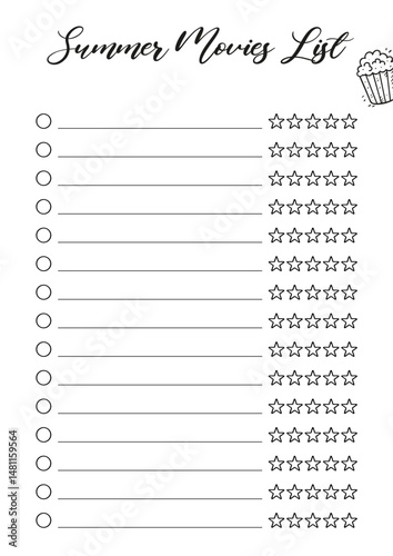 Summer movie list Journal Printable Planner Page Template, Vector Illustration, A4 and A5 Sizes, Hand Drawn Doodle Style. Planner pages bullet journal A5 A4 format
