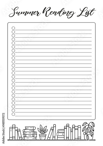 Summer reading list Journal Printable Planner Page Template, Vector Illustration, A4 and A5 Sizes, Hand Drawn Doodle Style. Planner pages bullet journal A5 A4 format