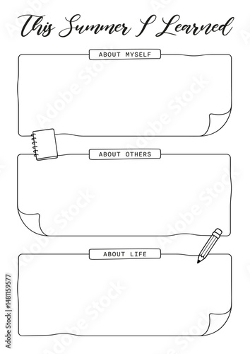 Summer learned Journal Printable Planner Page Template, Vector Illustration, A4 and A5 Sizes, Hand Drawn Doodle Style. Planner pages bullet journal A5 A4 format