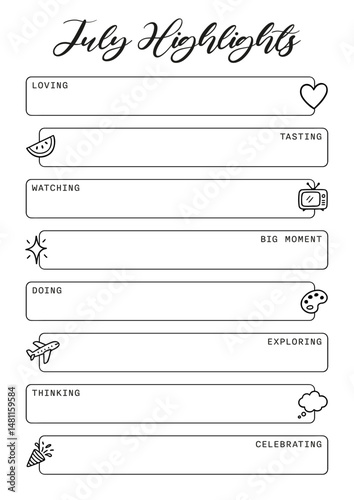 July Highlights Summer Journal Printable Planner Page Template, Vector Illustration, A4 and A5 Sizes, Hand Drawn Doodle Style. Planner pages bullet journal A5 A4 format
