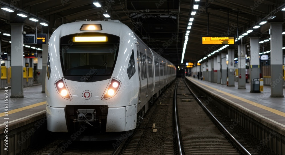 Naklejka premium Modern train at station platform representing urban transit and transportation efficiency, with tracks and bright headlights