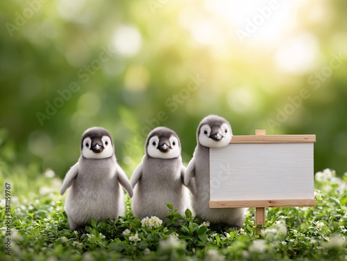 Adorable Penguin Trio with Chalkboard in Nature photo