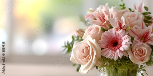 A beautifully arranged bouquet of soft pink roses and delicate gerbera daisies in a clear glass vase set against a softly lit window backdrop