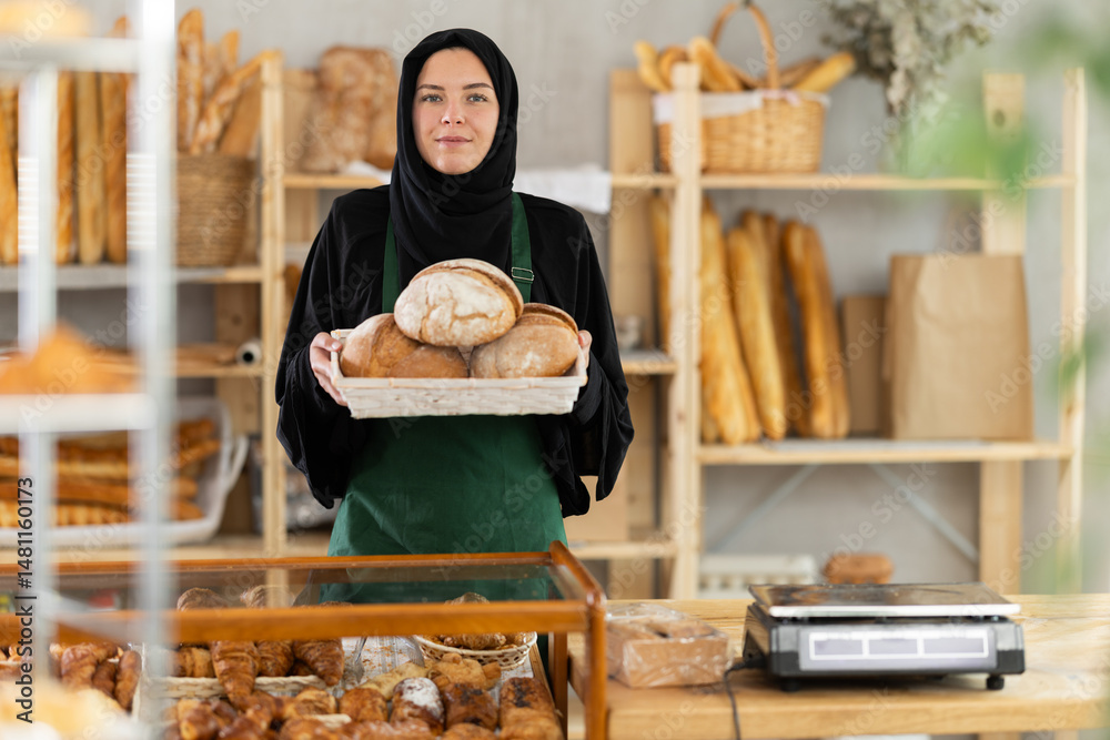 Muslim European girl works in sales area of bakery, selling bread in paper bag. She holds basket filled with fresh fragrant loaves of bread. Store employee near counter sells bakery products
