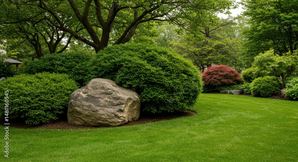 Naklejka premium Lush garden scene representing tranquility and nature, featuring green bushes, trees, and a large rock