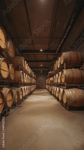 View of a long cellar aging wooden barrels for wine production, stacked for preservation in a cool, dark environment