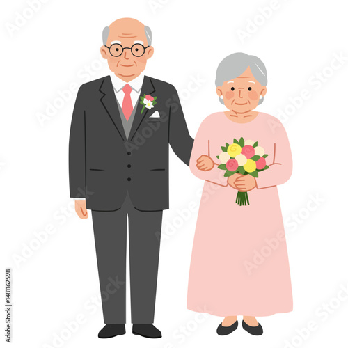 Elderly couple at wedding - седая пара в элегантных свадебных нарядах нежно держится за руки, их мудрые глаза сияют счастьем и любовью, прошедшей испытание временем.