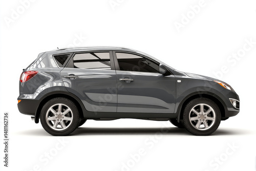 A side view of a gray compact SUV.  The car is on a white background