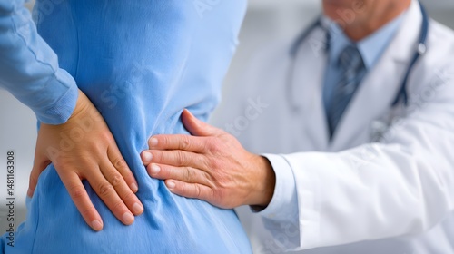 A medical professional in a white coat carefully examining the lower back of a patient who is holding her own back indicating pain or discomfort