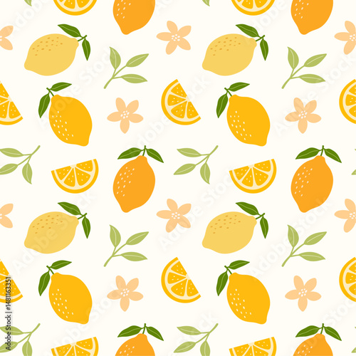 Tropical seamless lemon fruit pattern. Vector summer print for fabric or wallpaper.