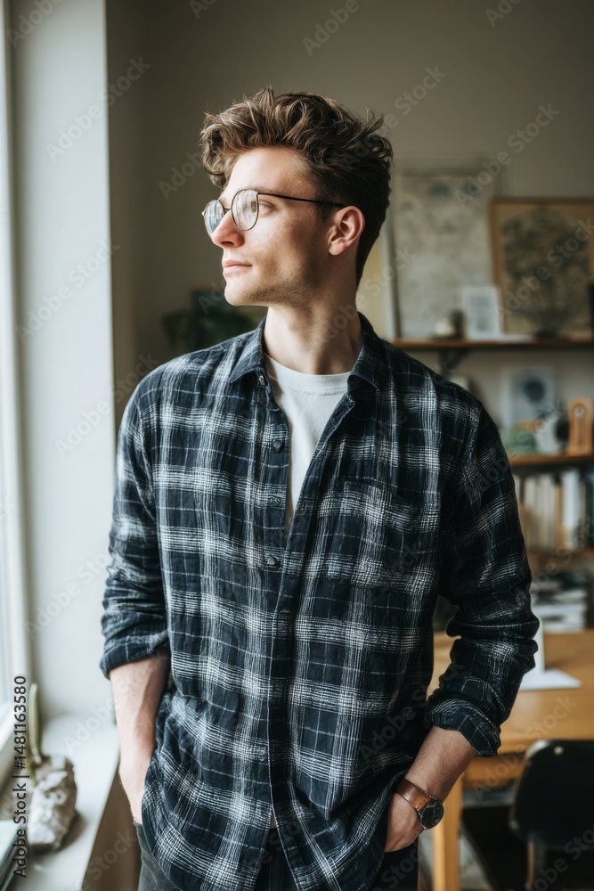 Obraz premium A stylish young man with glasses gazes out the window, looking pensive and thoughtful.