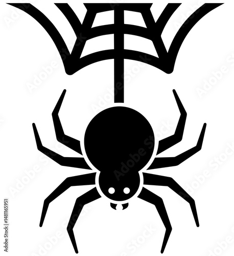 Silhouette of a Hanging Spider on Web Thread. Halloween, Creepy Insect, Arachnid Illustration for Horror Decor, Nature and Web