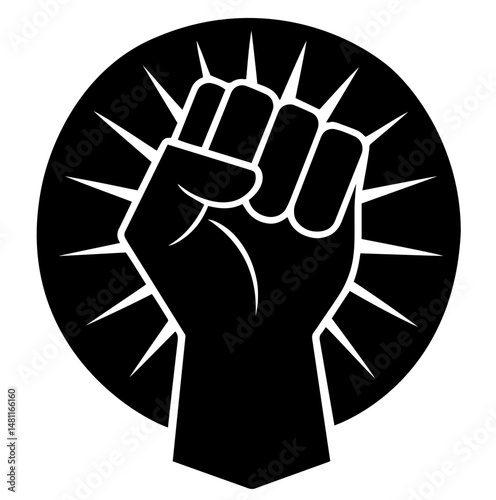 Black Lives Matter. anti-discrimination. Silhouette of a Raised Fist with Radiating Lines in Circle. Resistance, Social Justice, Unity, Protest Movement, Human Rights, Power and Solidarity Icon