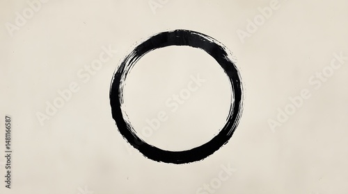 A minimalist black ink circle painted on a light beige background symbolizing simplicity and completeness in Zen philosophy
