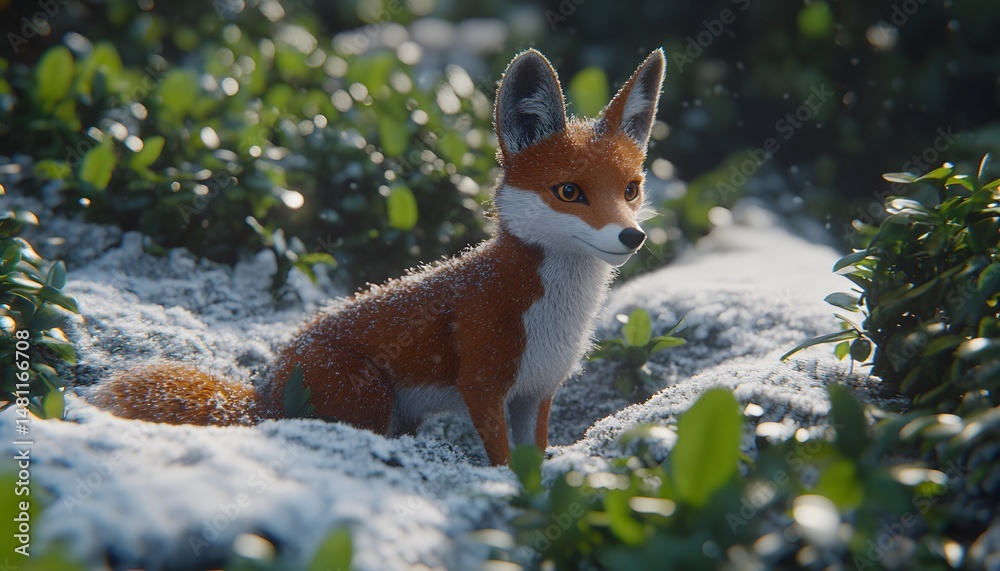 Fototapeta premium A detailed digital rendering of a small red fox in winter.