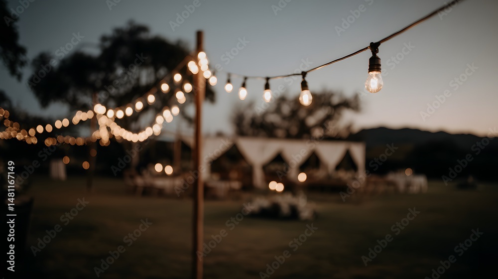 Fototapeta premium An enchanting outdoor evening event illuminated by string lights with a serene backdrop of distant mountains and lush greenery creating a magical ambiance