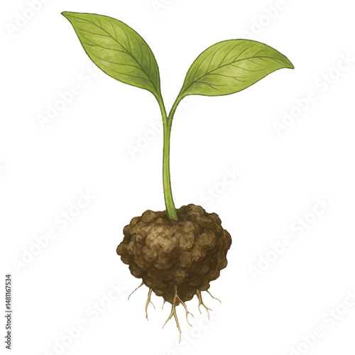 Seedling with Soil Clump Vector – Realistic Handmade Sprout with Roots