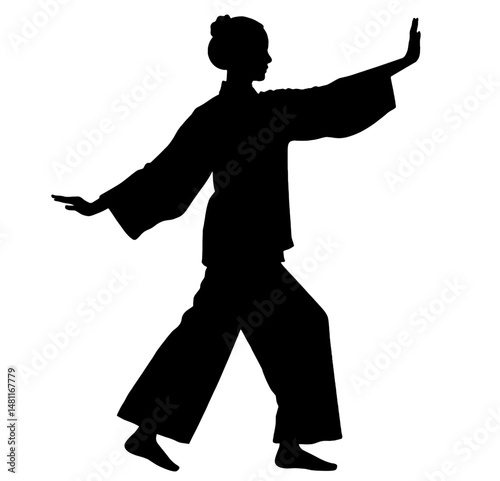 Silhouette of a Woman Practicing Tai Chi in Classic Pose. Ancient Chinese Martial Art, Meditative Movement, Inner Harmony, Holistic Health Practice, Qi Energy Flow, Mind-Body Connection, Self-Discipli