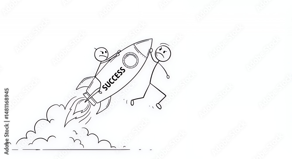 Obraz premium Stick Figures Launching Rocket of Success on White Backdrop Symbolizing Business Ambition and Motivation