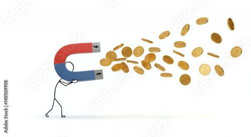 Stickman Attracting Golden Coins with Magnet to Symbolize Business Success and Motivation on White Background