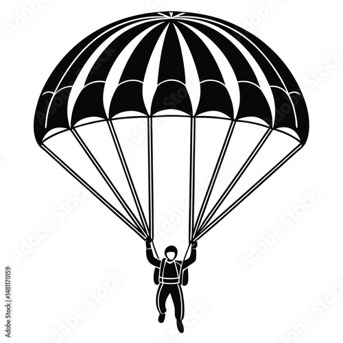 Black and White Silhouette of a Skydiver Under Parachute