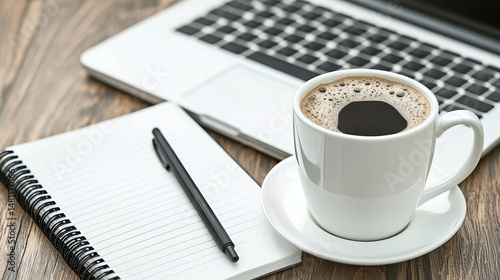 Coffee cup with laptop, notepad, and pen on wooden desk