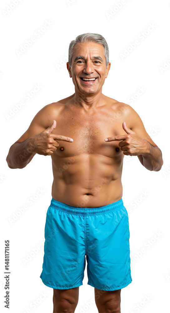 Fototapeta premium Happy senior man with grey hair, shirtless in blue swim trunks, smiling and proudly pointing at his fit chest, isolated on a transparent background.