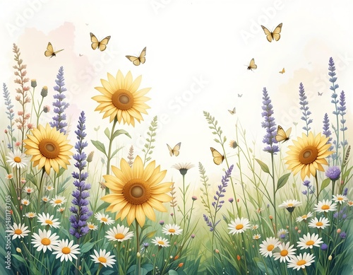 Watercolor Illustration of Summer Garden with Flowers and Butterflies