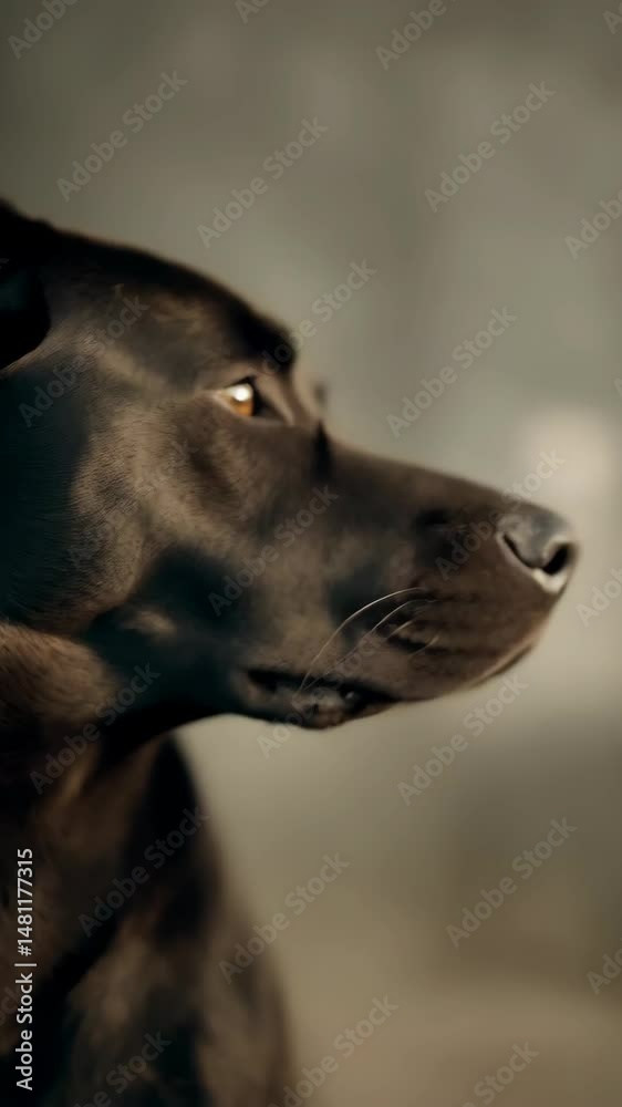 Portrait of a sleek black mixed breed dog with short fur looking directly forward in studio setting with soft lighting and warm brown eyes Portrait of a sleek black mixed breed dog with short fur looking directly forward in studio setting with soft lighting and warm brown eyes