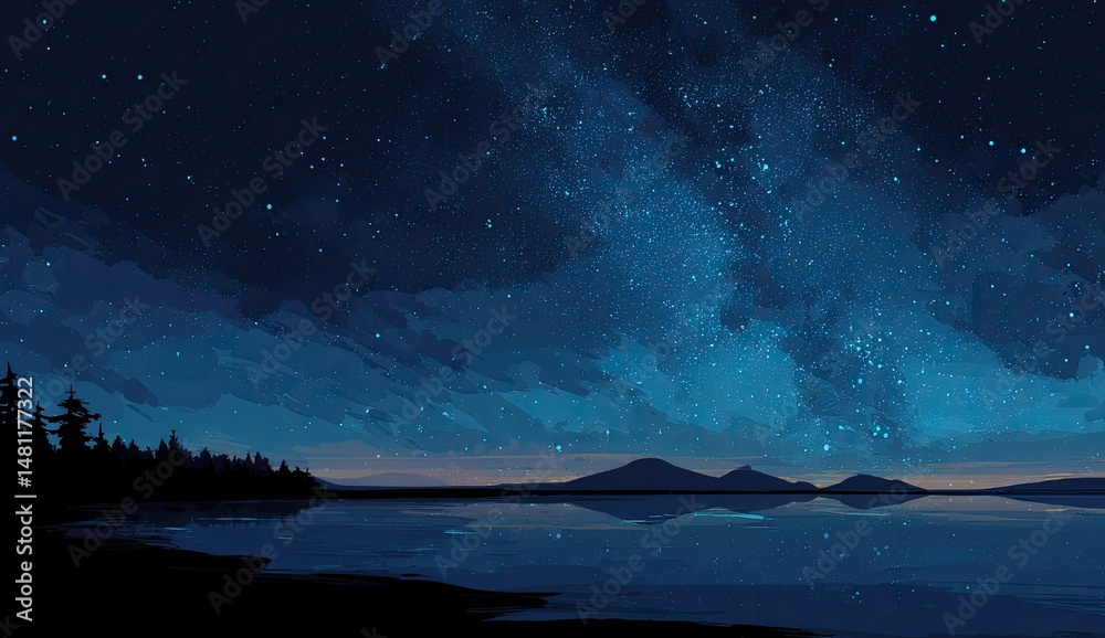 Naklejka premium Night Sky Over Still Lake
