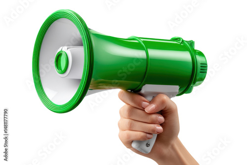 Megaphone Announcement: A detailed shot features a hand firmly grasping a vibrant green megaphone, poised to broadcast an important announcement